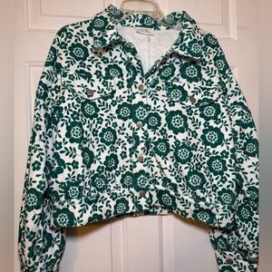 Emily Wonder Large Crop Ivory Green Floral Corduroy Jacket Arabesco Design NWT